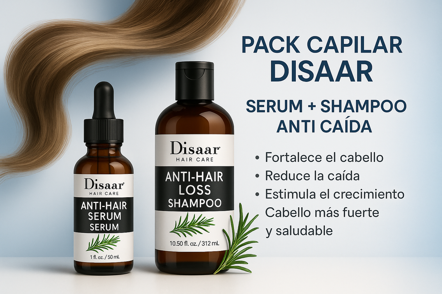 generame una imagen promocional para mi pack de serum capilar con shampoo anti caida marca disaar con los beneficios en español