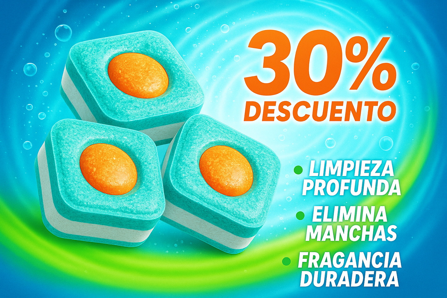 una imagen promocional pastillas para lavadora con un 30% de descuento sin el - y en español. colores llamativos y que salgan 3 beneficios