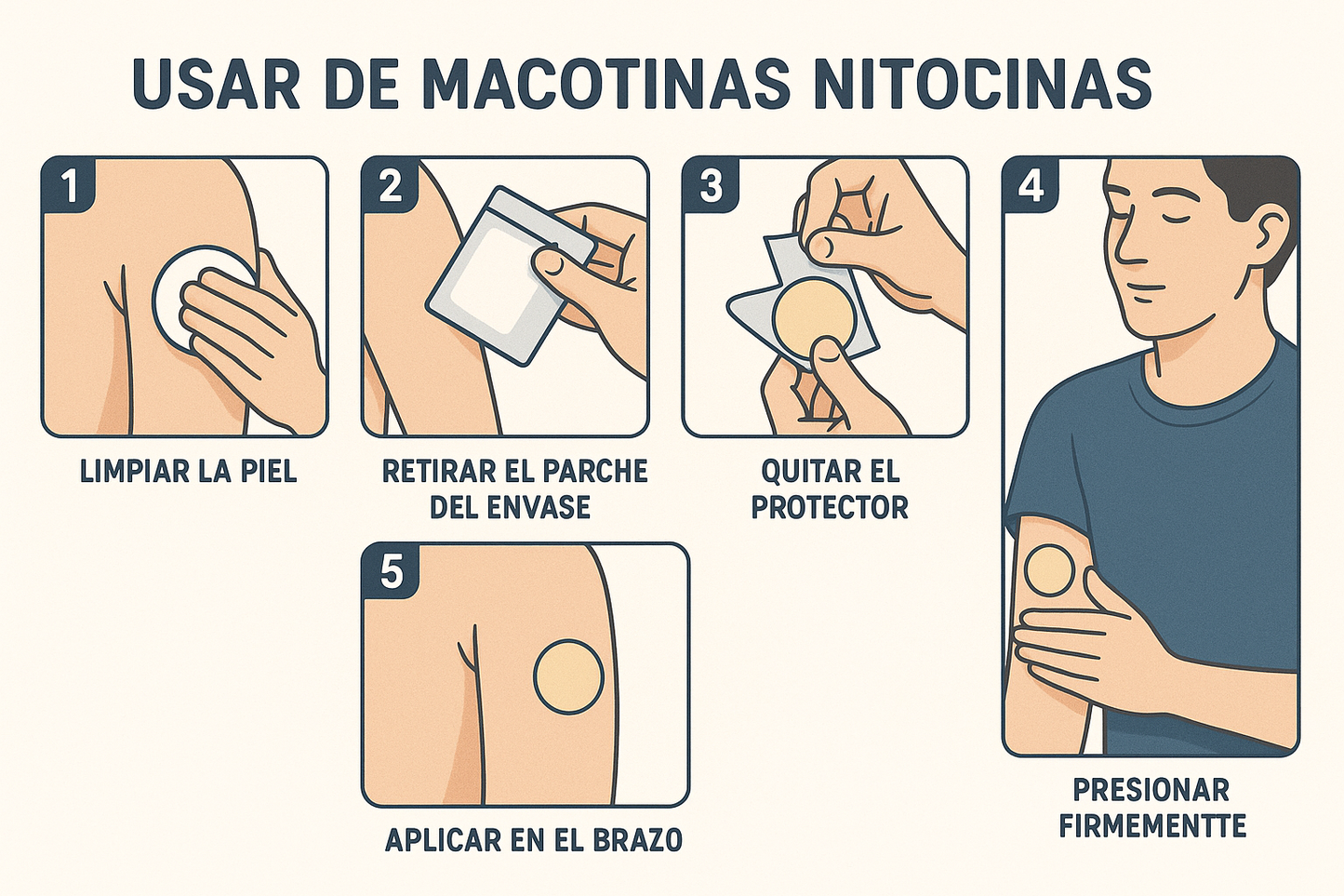 dame una imagen de los pasos para usar los parches anti tabaco en español, son parches adhesivos se ponen en el brazo