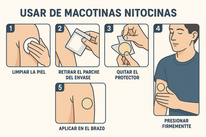 dame una imagen de los pasos para usar los parches anti tabaco en español, son parches adhesivos se ponen en el brazo