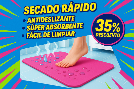 dame una imagen de un tapete de secado rapido cpn sus beneficios con colores llamativos y con un 35% de desceunto sin el - y en español