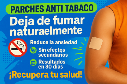 dame una imagen promocional con colores llamativos para mis parches anti tabaco que se colocan en el brazo y sus beneficios en españo