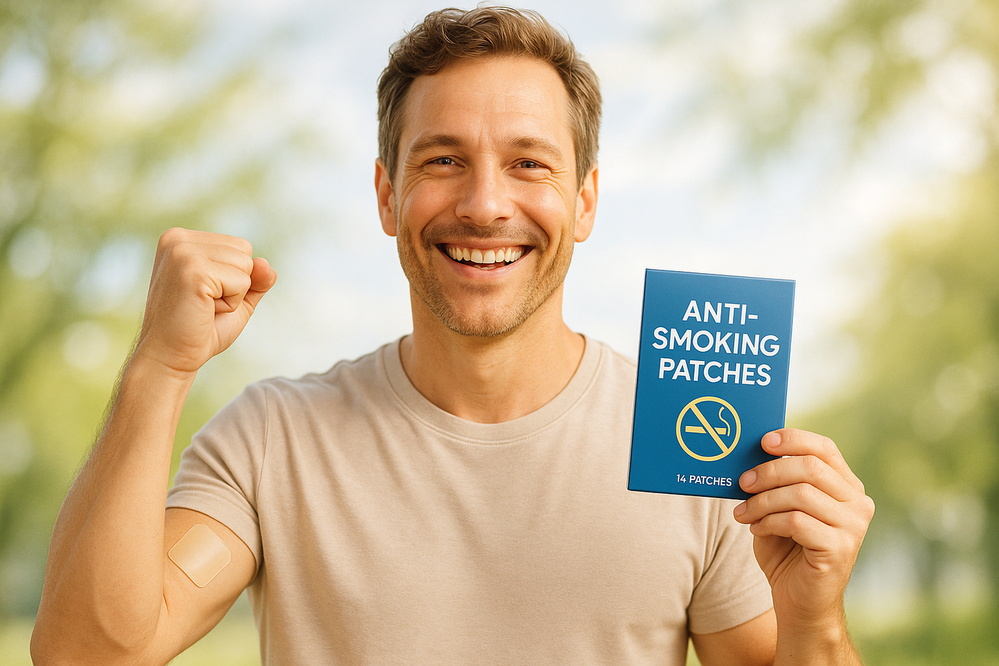 dame una imagen promocional de mis parches anti tabaco, un a persona feliz y satisfecha con los resuktados de los parches