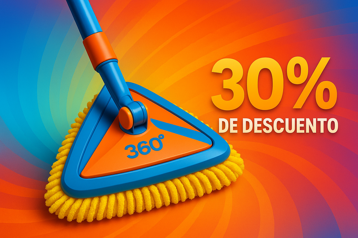 dame una imagen promocional de una mopa triangular 360 con un 30% de descuento sin el - y en español, colores llamativos