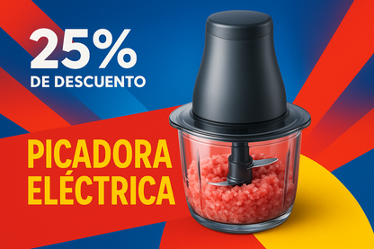dame una imagen promocional de una picadora electrica con un 25% de descuento sin el - y en español. colores llamativos
