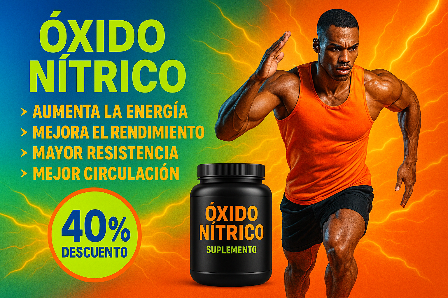 dame una imagen promocional del oxido nitrico para mi landing page con colores llamativos en español y con sus beneficios. con un 40% de descuento