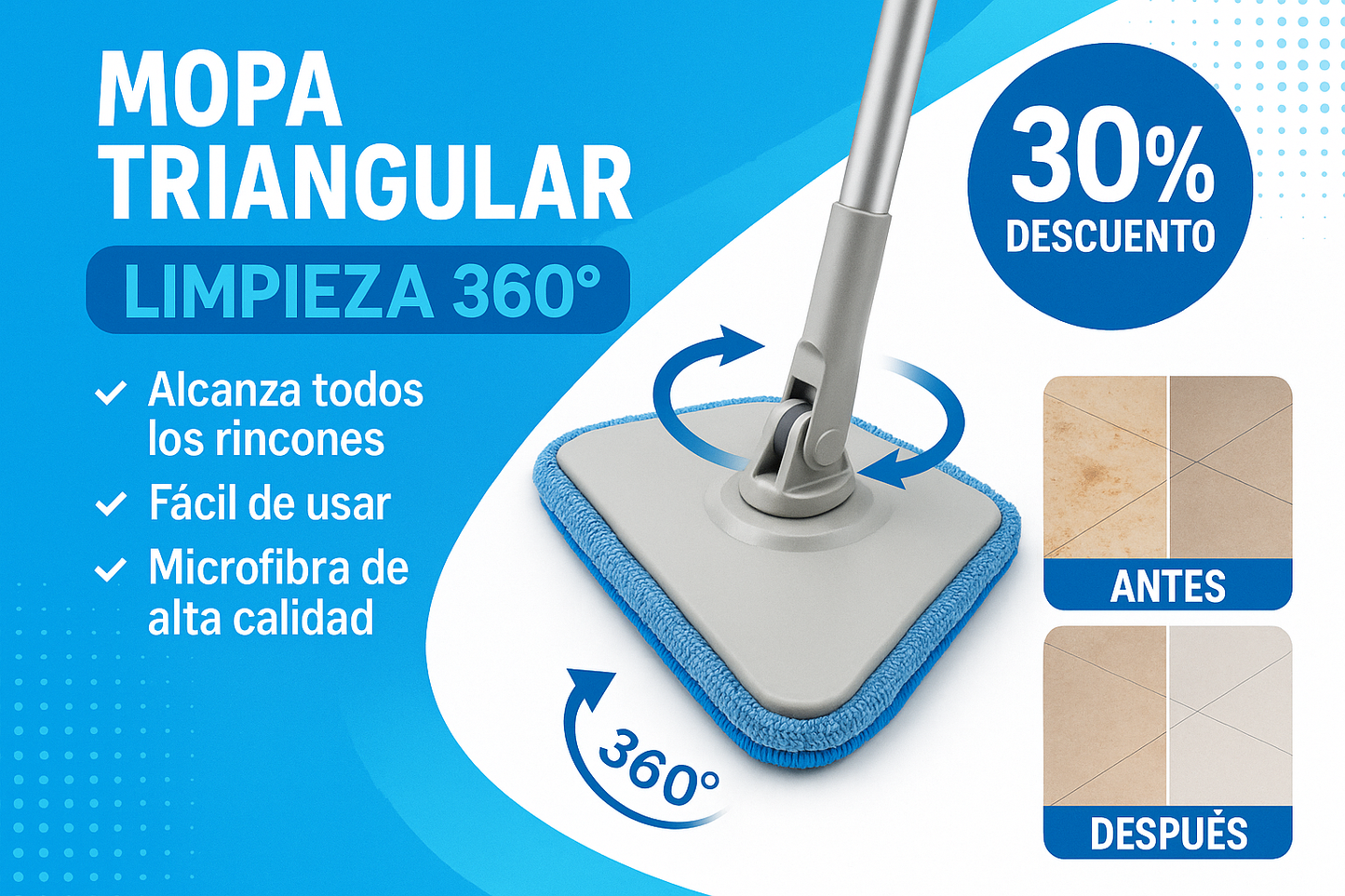 dame una imagen promocional para una mopa triangular 360 con sus beneficios en español y con un 30% de descuento