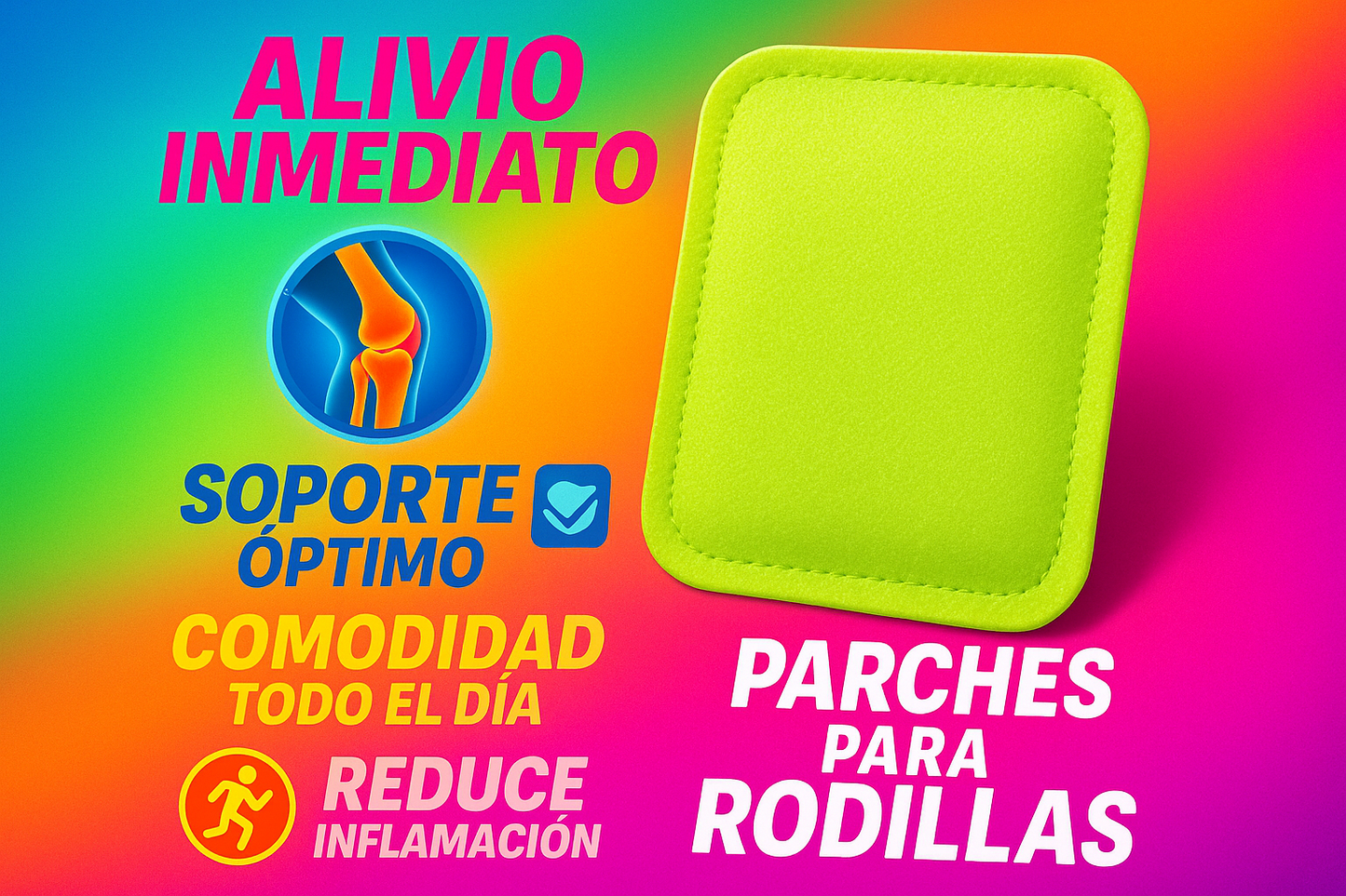 dame una imagen promocional para unos parches para rodilla con colores llamativos y sus beneficios en español
