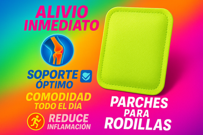 dame una imagen promocional para unos parches para rodilla con colores llamativos y sus beneficios en español