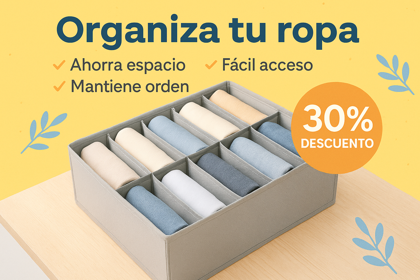 generame una imagen promocional del organizador de ropa en caja con sus beneficios en español y con un 30% de descuento sin el -