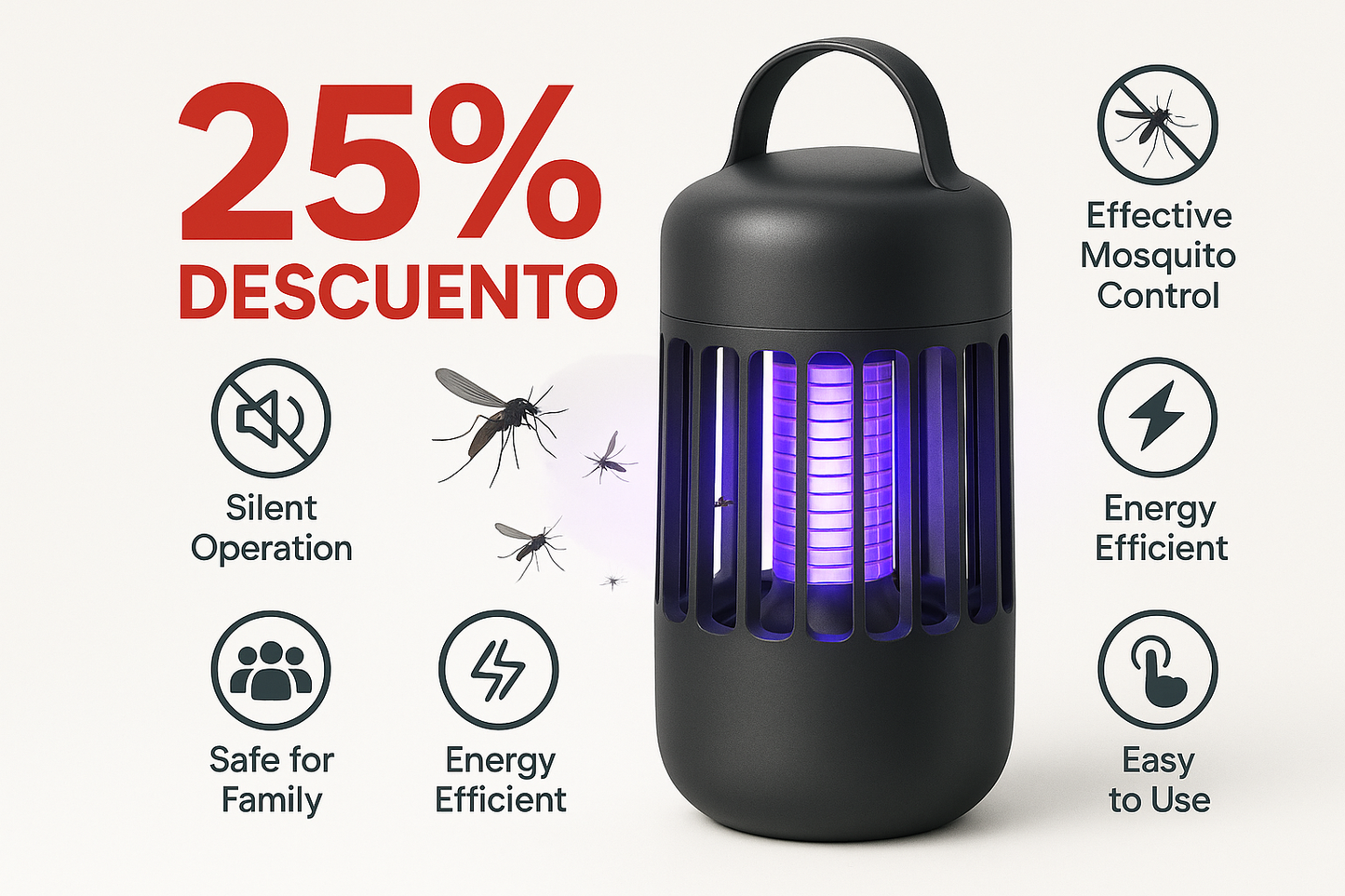 hazme una imajen promocional para una lampara para mosquitos con sus beneficios, el producto esta con 25% de descuento, el descuento en rojo