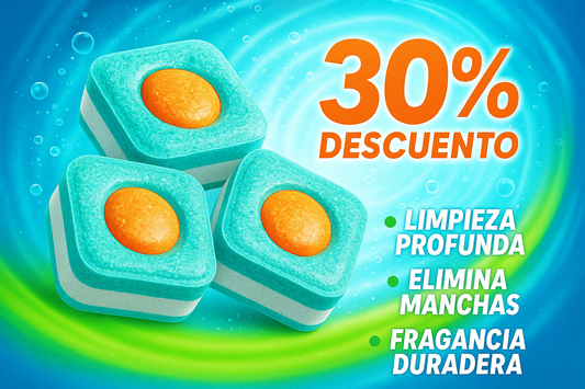 una imagen promocional pastillas para lavadora con un 30% de descuento sin el - y en español. colores llamativos y que salgan 3 beneficios